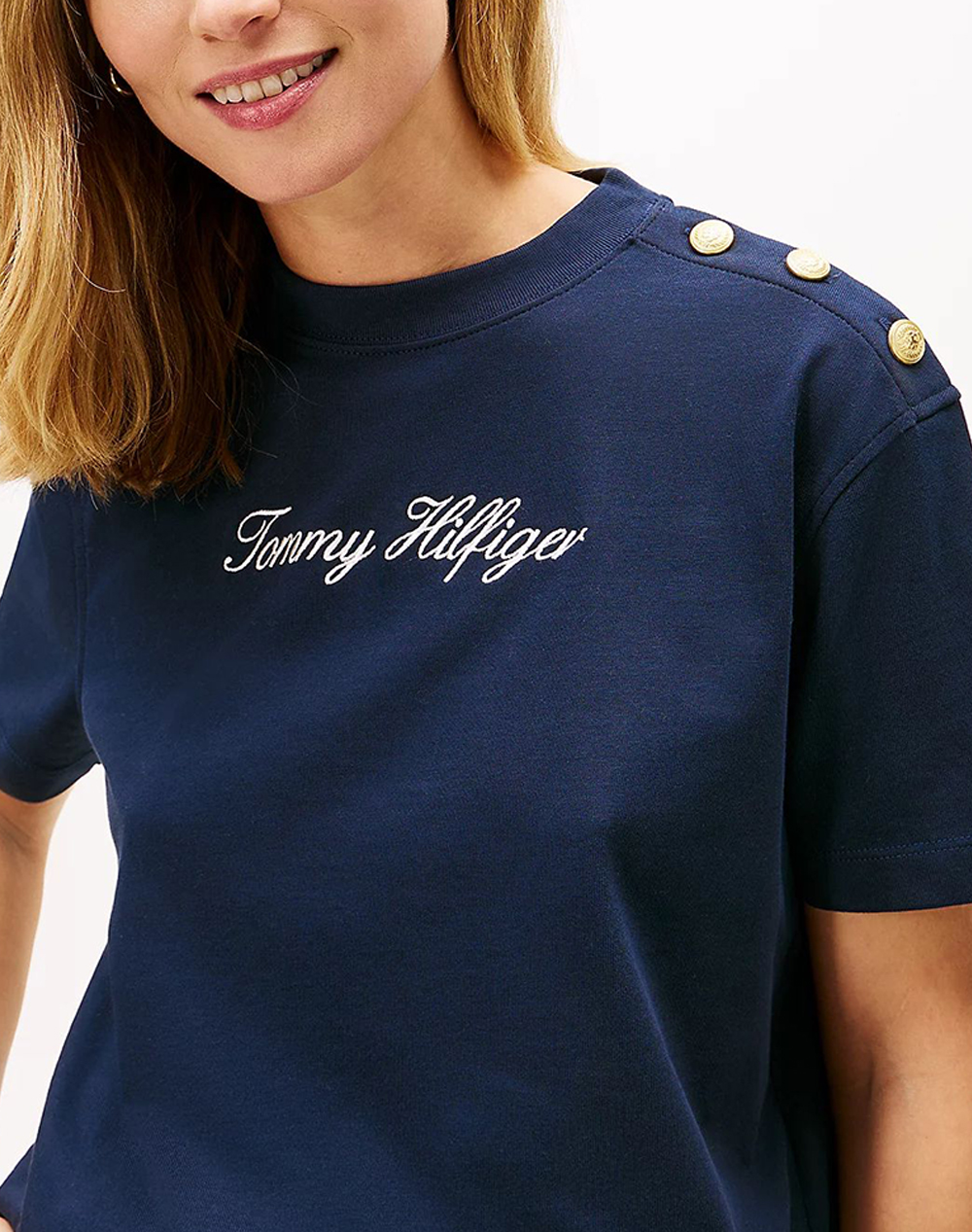 Tommy Hilfiger Gold Btn Script Mdrn Ss Tee Ww0Ww47819-C1G Darkblue Γυναικεία ρούχα μπλούζες Τ-Shirt Politikos Shop Πολιτικός