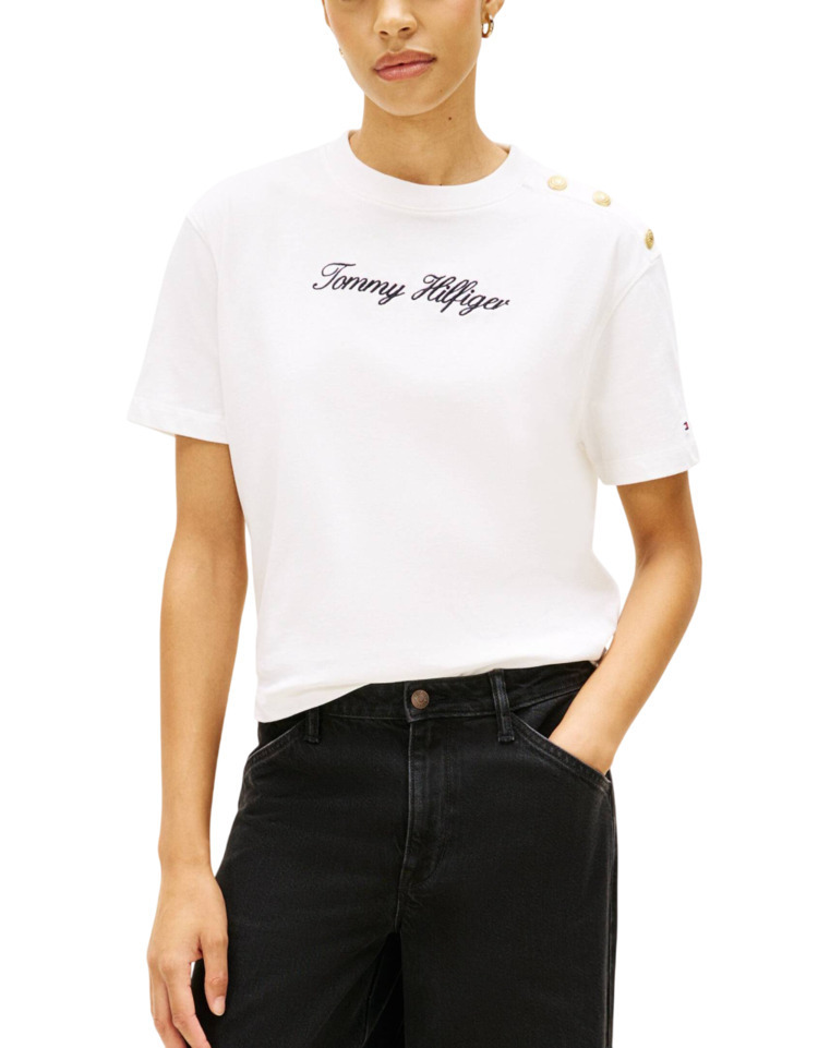 TOMMY HILFIGER GOLD BTN SCRIPT MDRN SS TEE WW0WW47819-YBL OffWhite