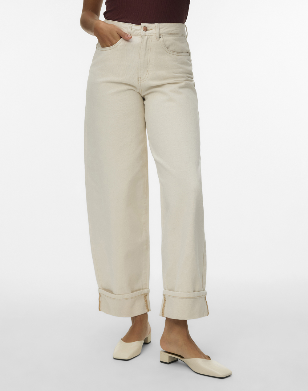 VERO MODA VMZELDA HR BARREL FOLD UP ECRU JEANS 10339347-ECRU Ecru