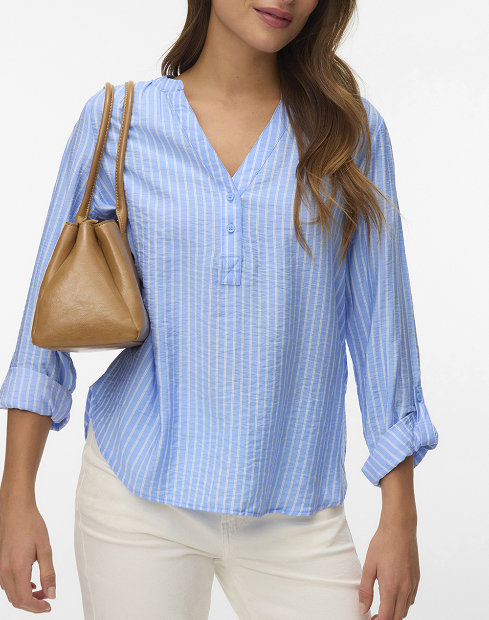 VERO MODA VMKAJA LS V-NECK FOLD-UP TOP WVN 10340684-Vista BlueSandra SkyBlue