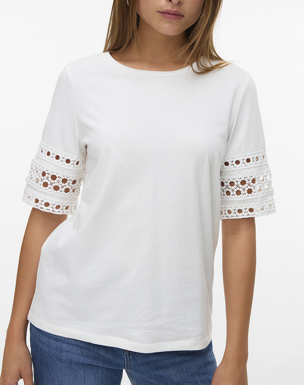 VERO MODA VMIVACY 2/4 O-NECK TOP JRS BTQ 10340787-Snow WhiteSNOWWHITELACE White