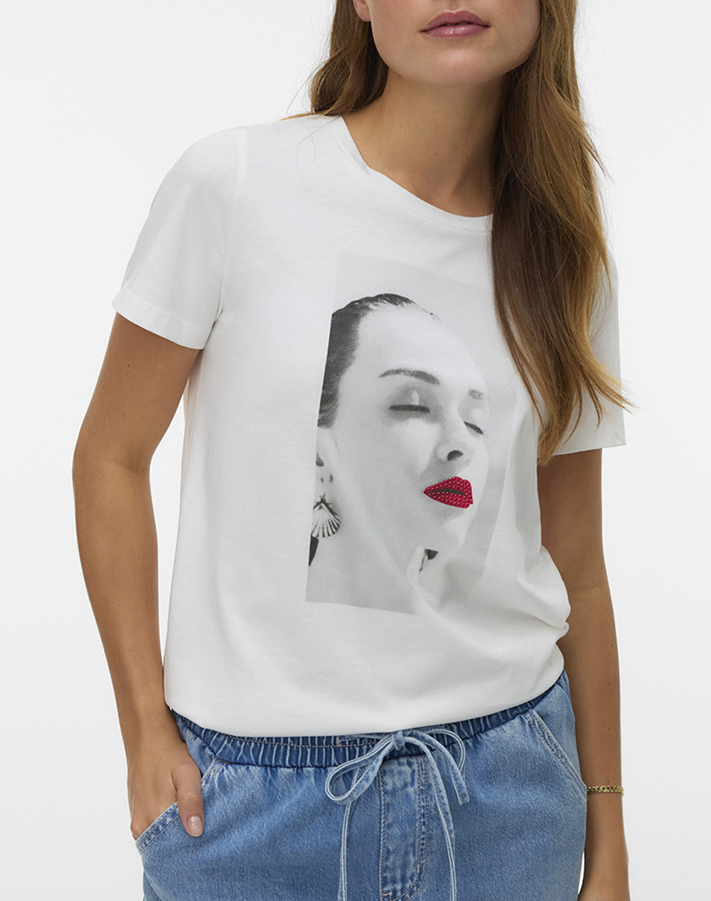 VERO MODA VMJAMAICA S/S T-SHIRT JRS BTQ 10341639-Snow WhiteLIPSRHINESTONES White