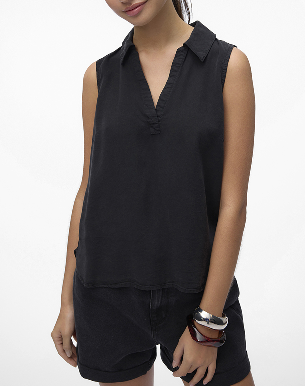 VERO MODA VMHARPER SL COLLAR SHORT TENCEL TOP GA 10283751-Black Denim Black