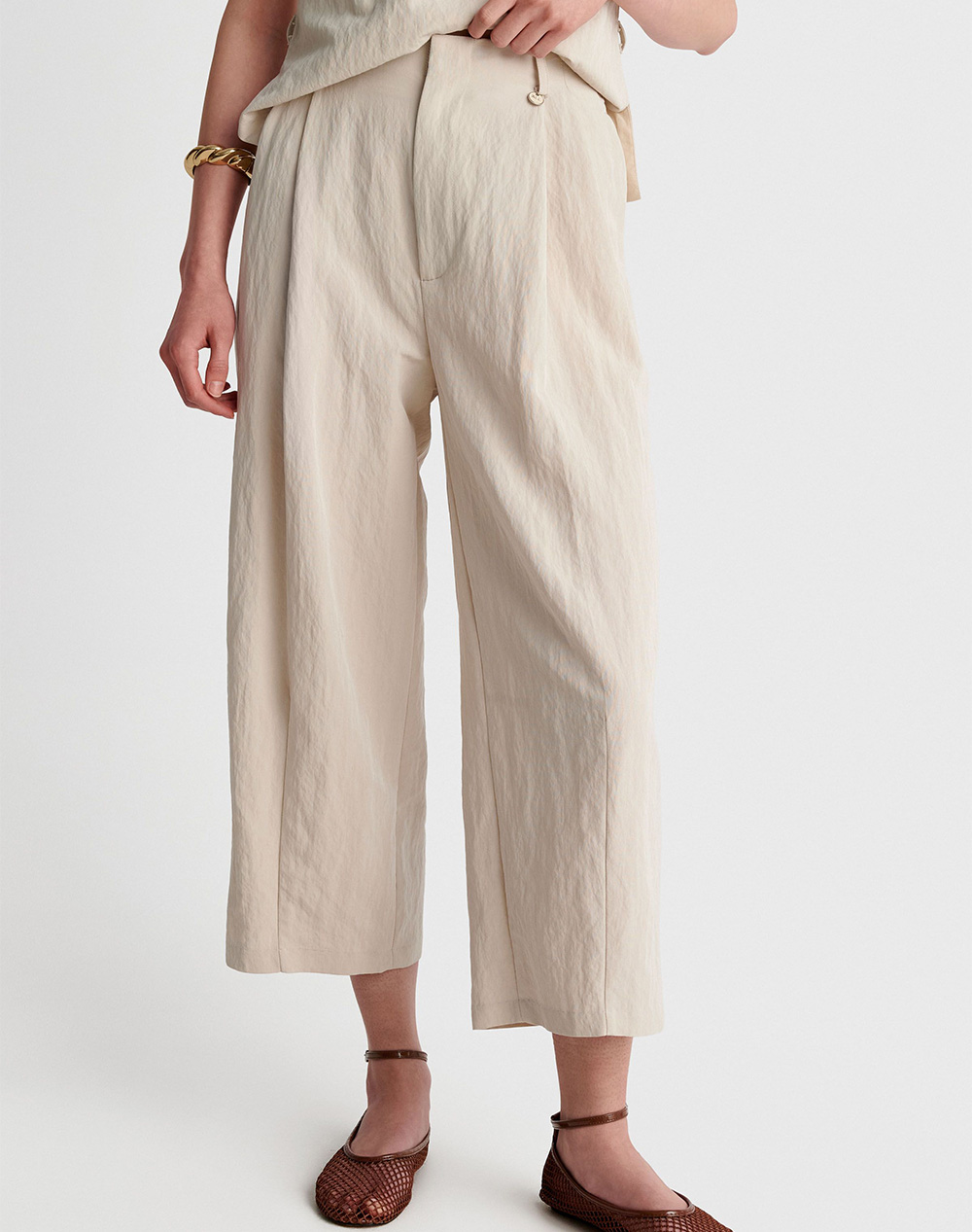 Ale Γυναικείο Υφασμάτινο Παντελόνι Wide Leg Εκρου Βισκόζη Πολυαμίδιο