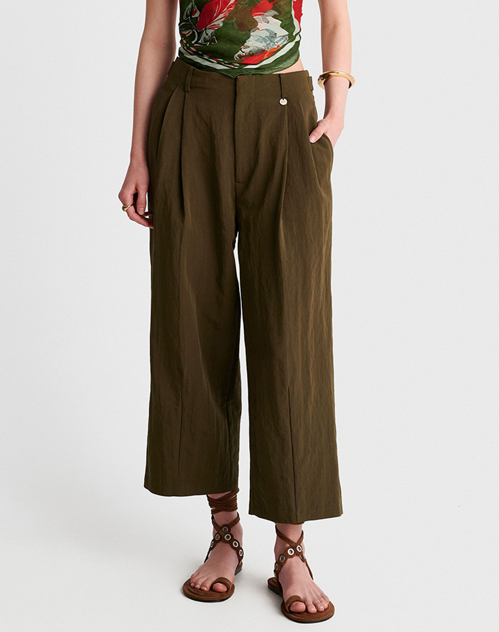Ale Γυναικείο Υφασμάτινο Παντελόνι Wide Leg Χακί Βισκόζη Πολυαμίδιο