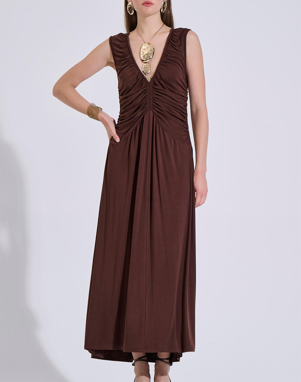 Bill Cost Γυναικείο Maxi Φόρεμα Καφέ Rayon Nylon Spandex