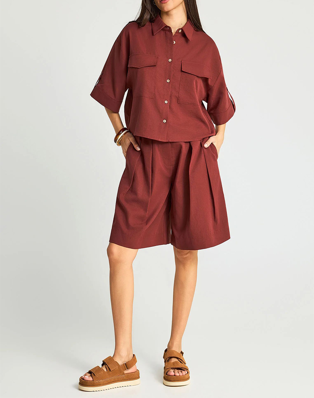 Funky Buddha Shirts Fbl013-112-05-Henna Brown Firebrick Γυναικεία ρούχα πουκάμισα Politikos Shop Πολιτικός