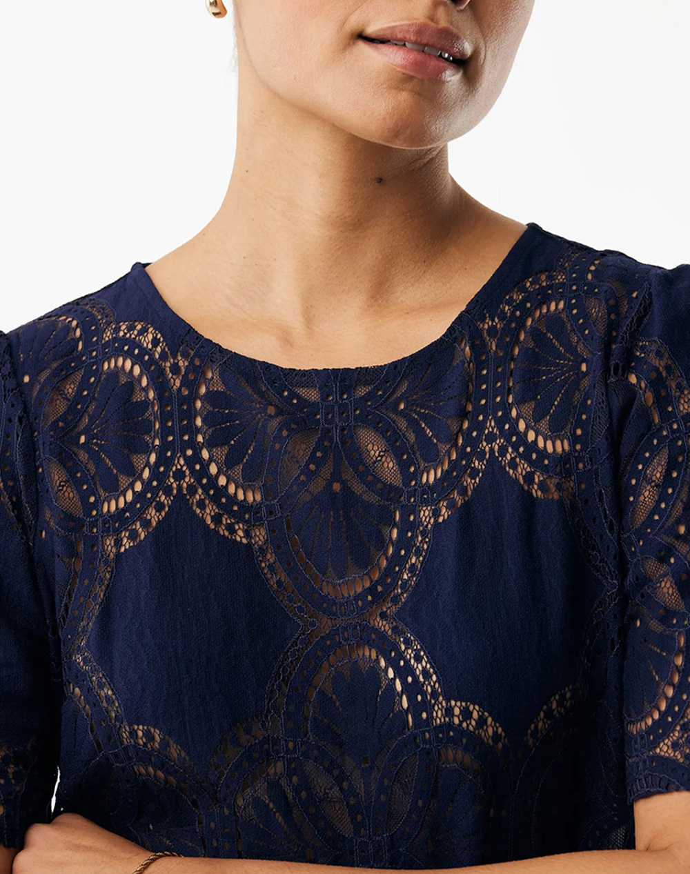 Mexx Lace Short Sleeve Blouse Mf006102561W-193920 Darkblue Γυναικεία ρούχα μπλούζες Τοπ Κορμακια Politikos Shop Πολιτικός