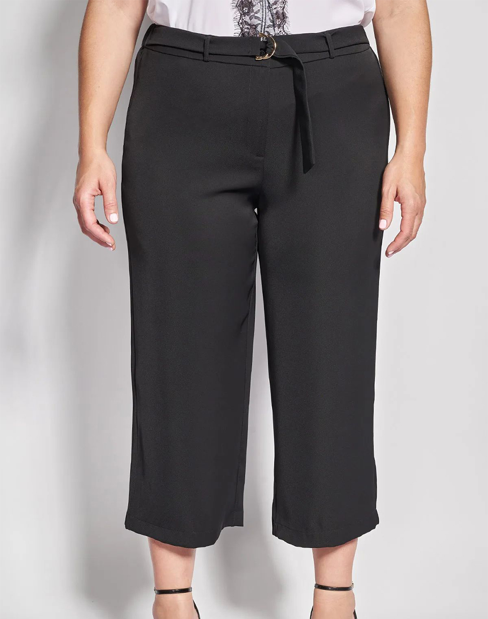 PARABITA PARABITA Cropped Παντελόνα Κρεπ με Ζωνάκι 012610200481-Μαύρο Black