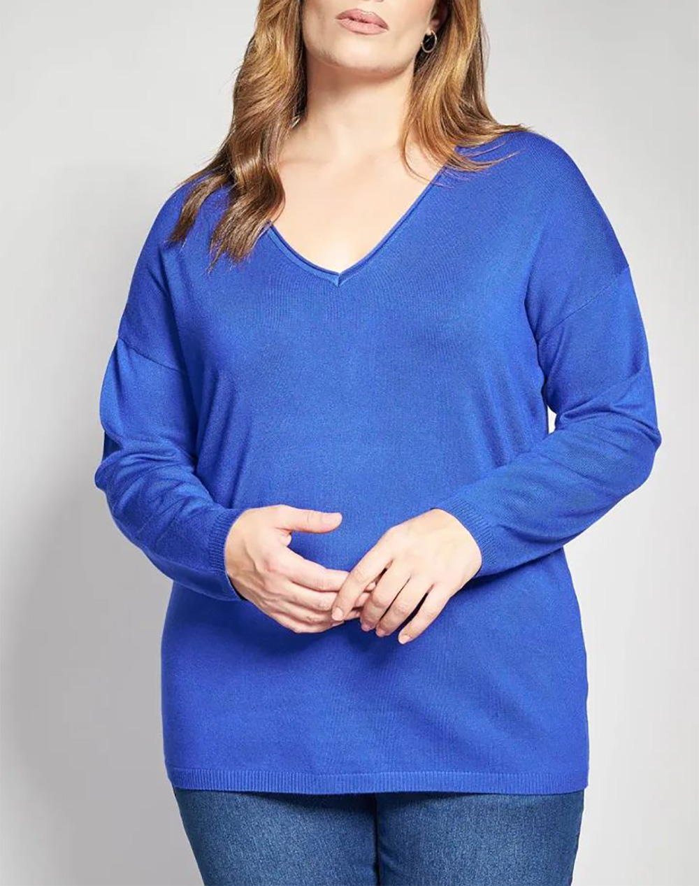 PARABITA Πλεκτή μακρυμάνικη μπλούζα με V-λαιμόκοψη 012610106291-038 Blue