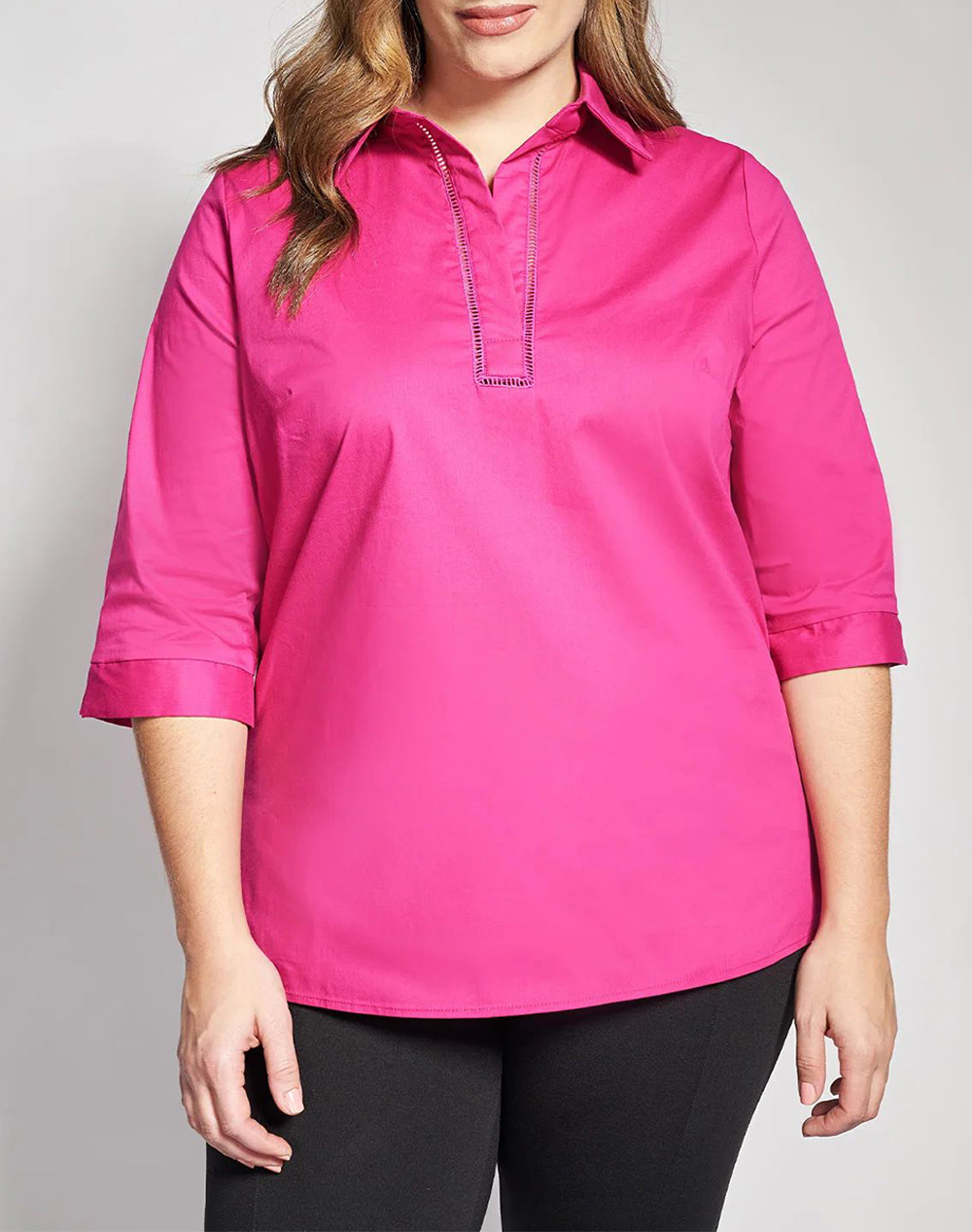 PARABITA Μπλούζα ποπλίνα με γιακά και διάτρητη λεπτομέρεια 012610108233-018 Fuchsia