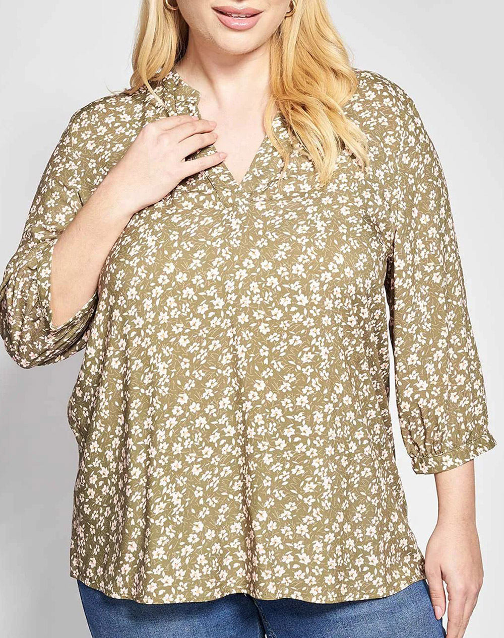 PARABITA Μπλούζα βισκόζη εμπριμέ φλοράλ με V 012610100239-023 Khaki