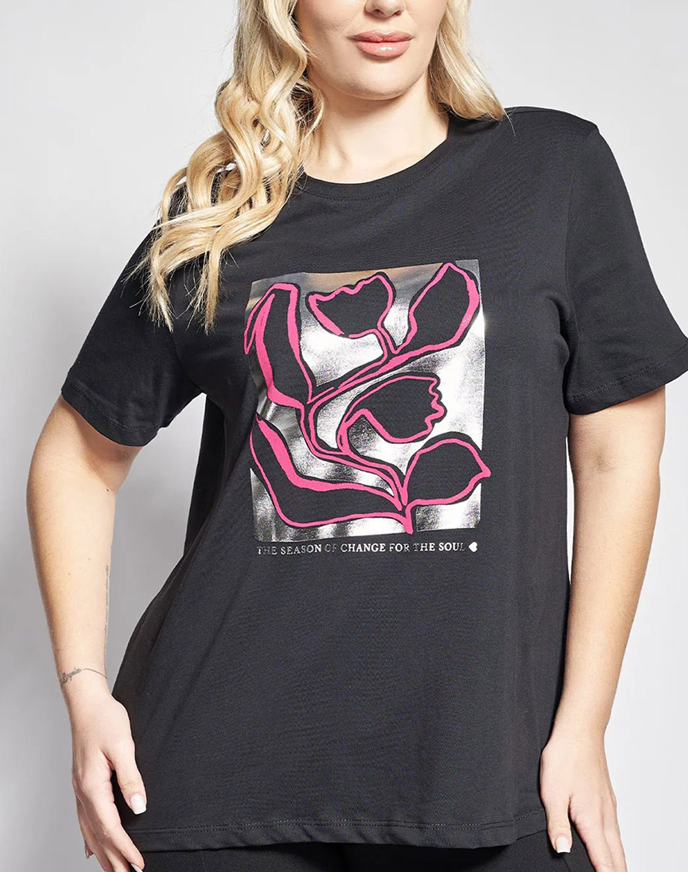 PARABITA Βαμβακερό T-Shirt με φόιλ φλοράλ στάμπα 012610100092-002 Black