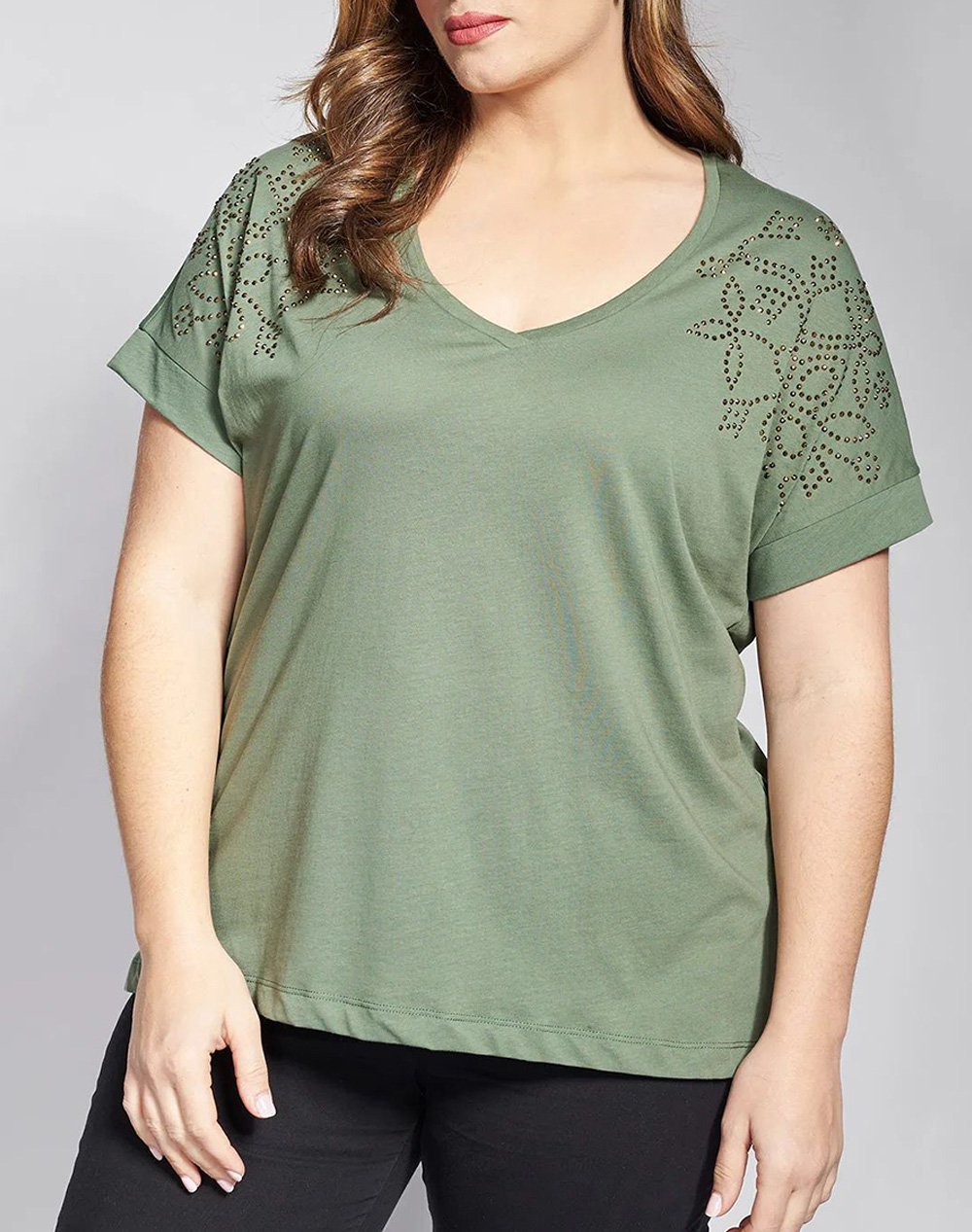 PARABITA Βαμβακερό t-shirt με σχέδια με τρουκς στους ώμους 012610100129-023 Khaki