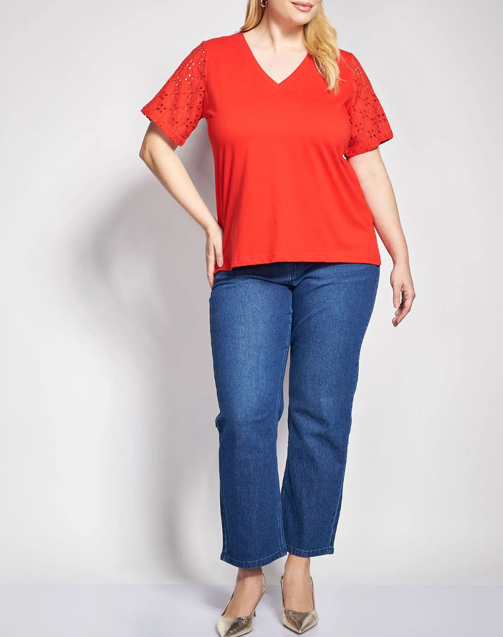 Parabita Μπλούζα Βαμβακερή με Κεντητά Μανίκια 012610109823-004 Red Γυναικεία ρούχα μπλούζες Τ-Shirt Politikos Shop Πολιτικός