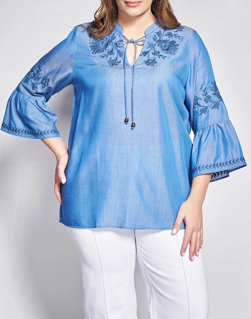 PARABITA Μπλούζα tencel όψη τζιν με κεντητή μπορντούρα 012610109805-003 Blue