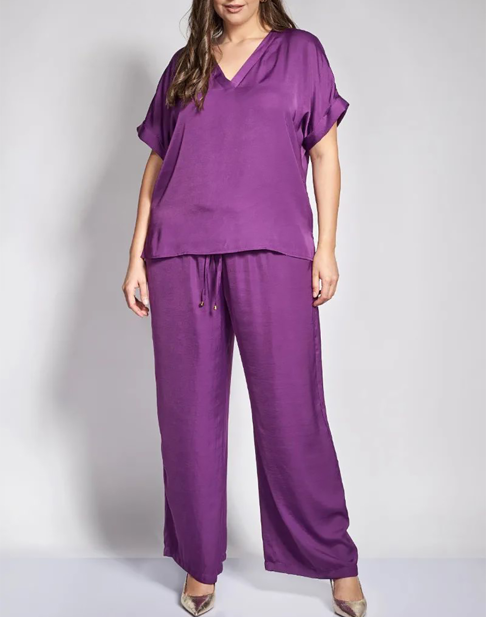 Parabita Σατινέ Κοντομάνικη Μπλούζα με V 012610106101-019 Purple Γυναικεία ρούχα μπλούζες Τοπ Κορμακια Politikos Shop Πολιτικός