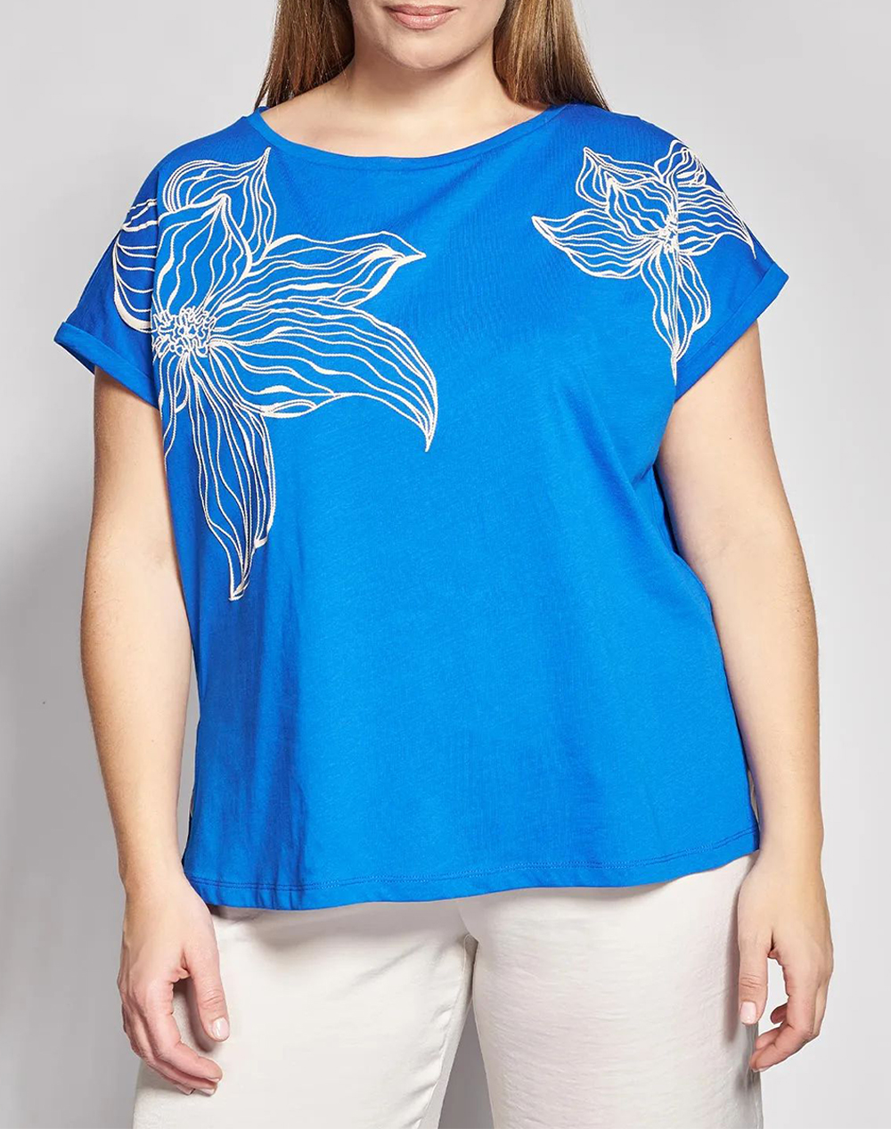 PARABITA PARABITA Βαμβακερό T-shirt με Statement Φλοράλ Τύπωμα 012610100569-Ρουά RoyalBlue