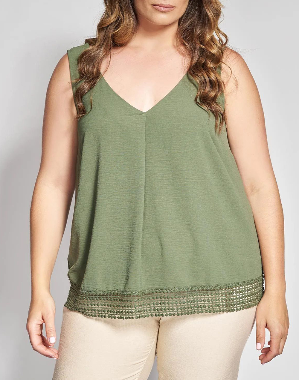 PARABITA PARABITA Μπλούζα αμάνικη washed με δαντέλα 012610100279-023 Khaki
