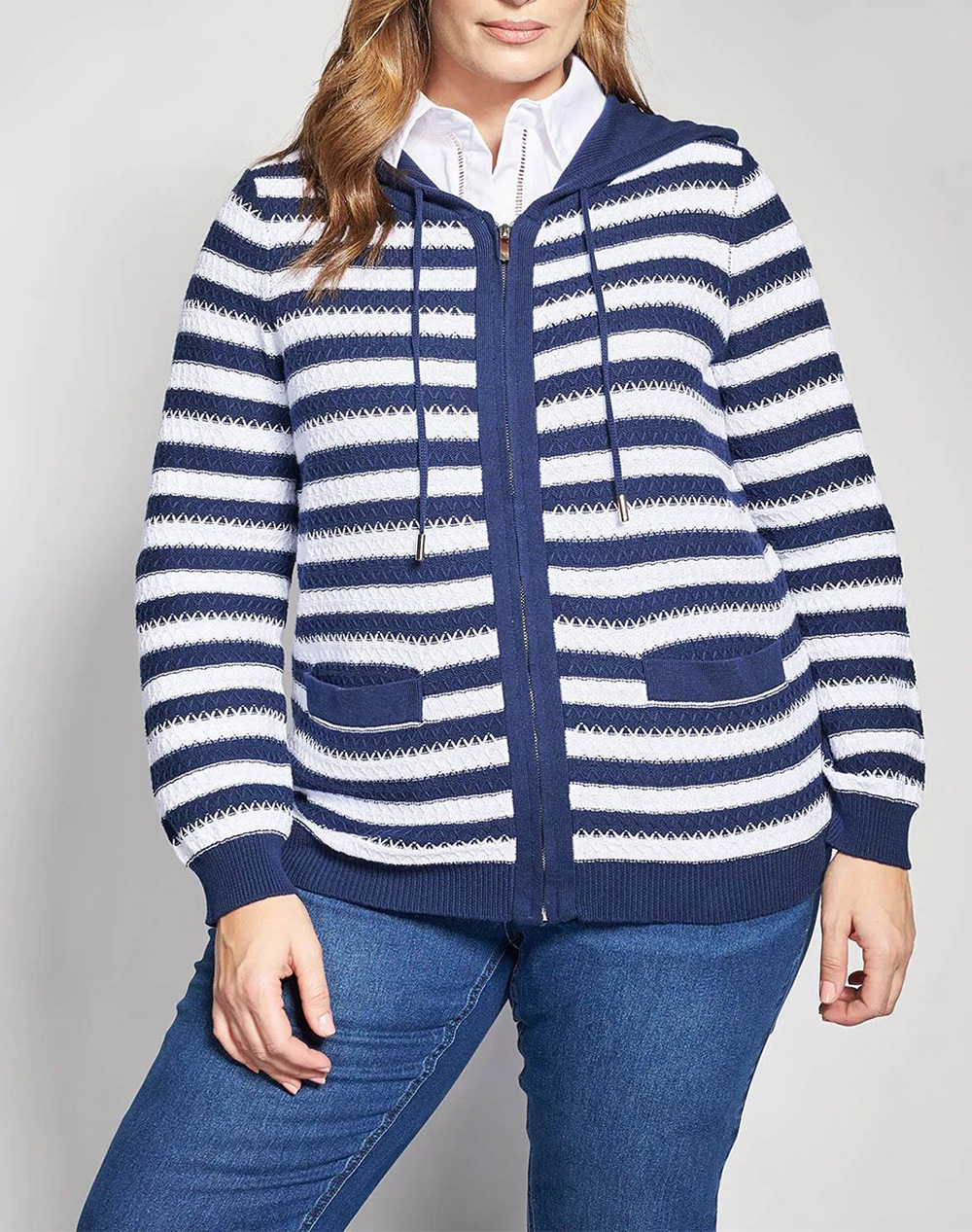 PARABITA Πλεκτή ριγέ ζακέτα με κουκούλα 012610709637-003 NavyBlue