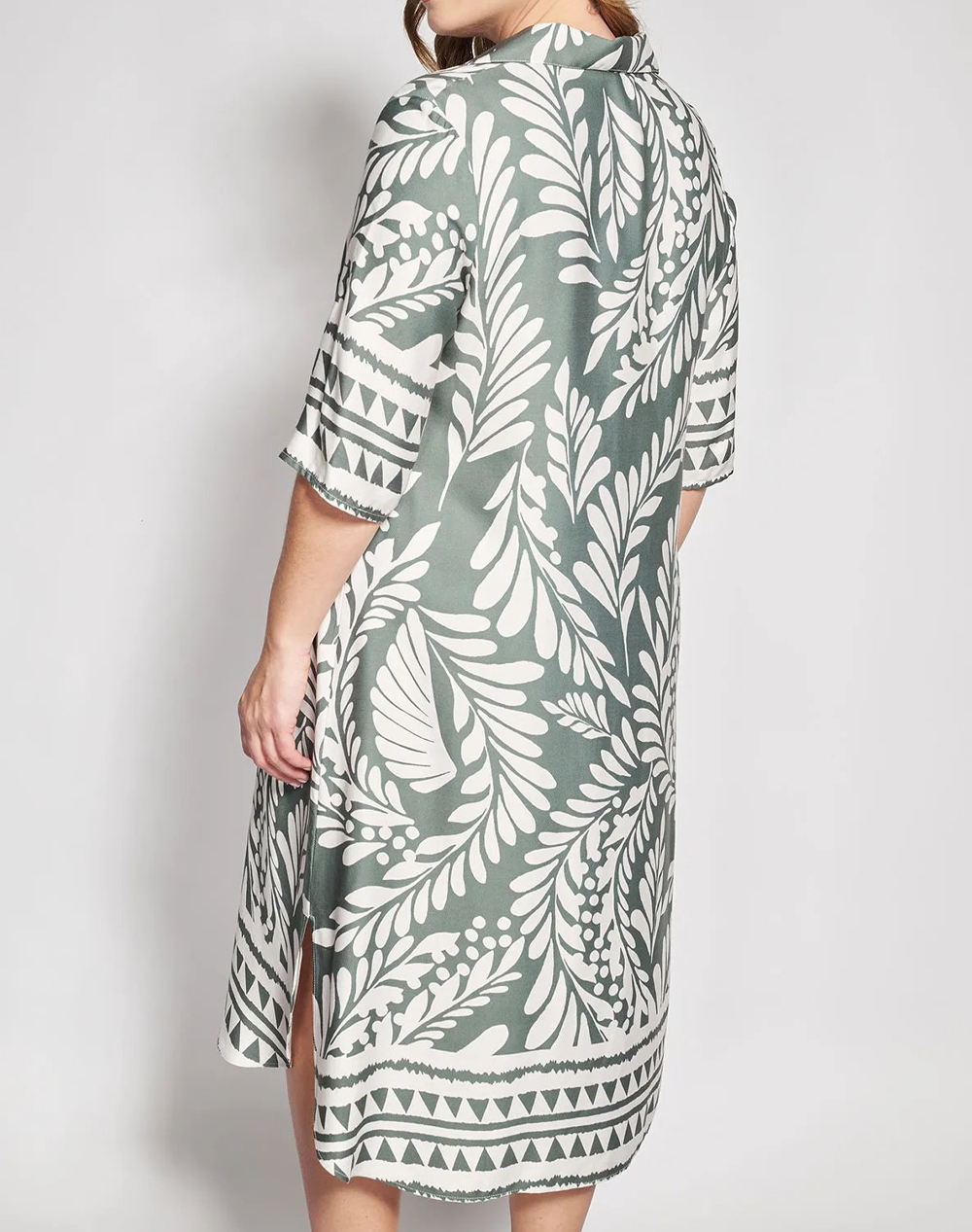 PARABITA Μίντι boho εμπριμέ φόρεμα βισκόζη με γεωμετρική μπορντούρα 012610600192-023 Khaki
