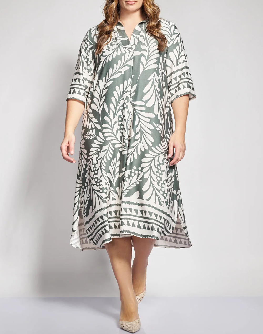 Parabita Μίντι Boho Εμπριμέ Φόρεμα Βισκόζη με Γεωμετρική Μπορντούρα 012610600192-023 Khaki Γυναικεία ρούχα φορέματα Politikos Shop Πολιτικός