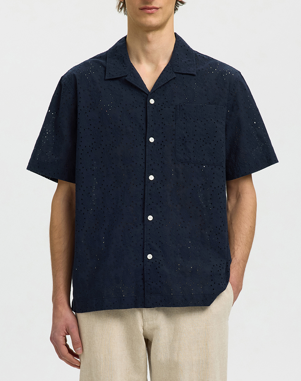 SELECTED SLHRLXJAX BRODERIE SS SHIRT 16092789-Sky CaptainDetail:Paisley Embroidery MidnightBlue