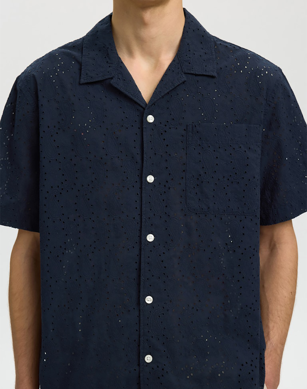 Selected Slhrlxjax Broderie Ss Shirt 16092789-Sky Captaindetail:paisley Embroidery Midnightblue ανδρικά ρούχα πουκάμισα Politikos Shop Πολιτικός