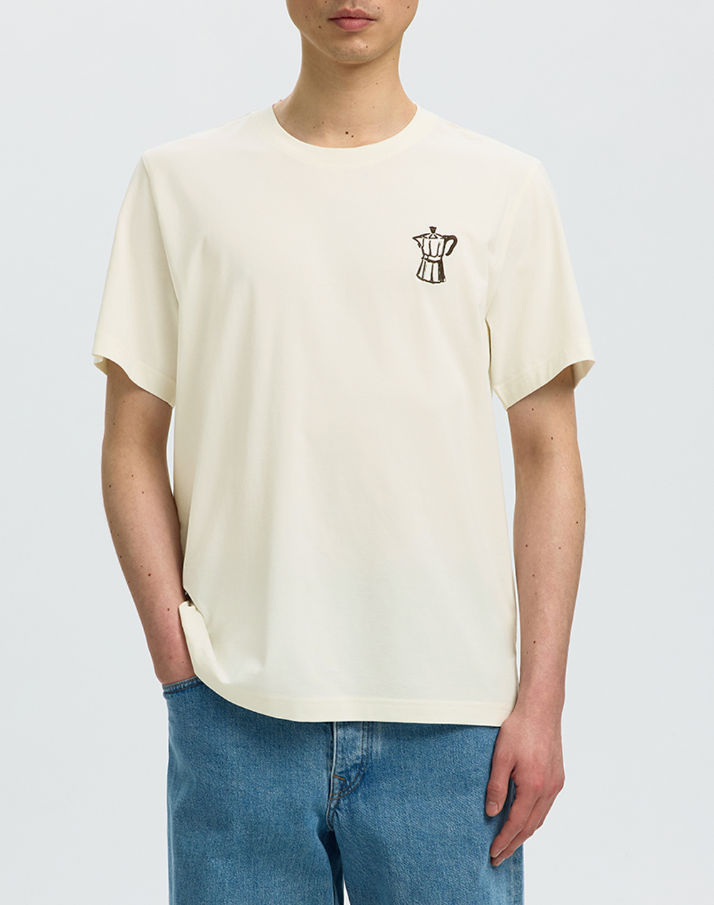 SELECTED SLHASPEN EMB SS O-NECK TEE 16097670-EgretCoffee Cream