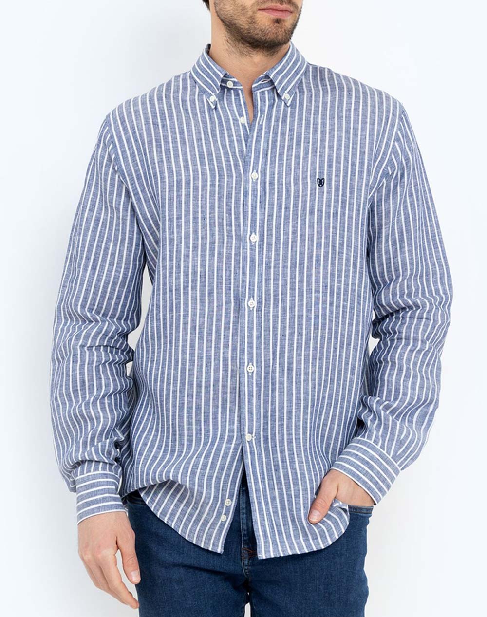 THE BOSTONIANS ΠΟΥΚΑΜΙΣΟ ACORN ΛΙΝΟ REGULAR FIT Stripe LINEN Button-down Regular Fit 3AAS4726-BLUE Blue