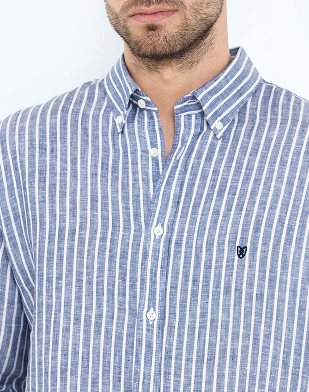 The Bostonians Πουκαμισο Acorn Λινο Regular Fit Stripe Linen Button-Down 3Aas4726-Blue Blue ανδρικά ρούχα πουκάμισα Politikos Shop Πολιτικός