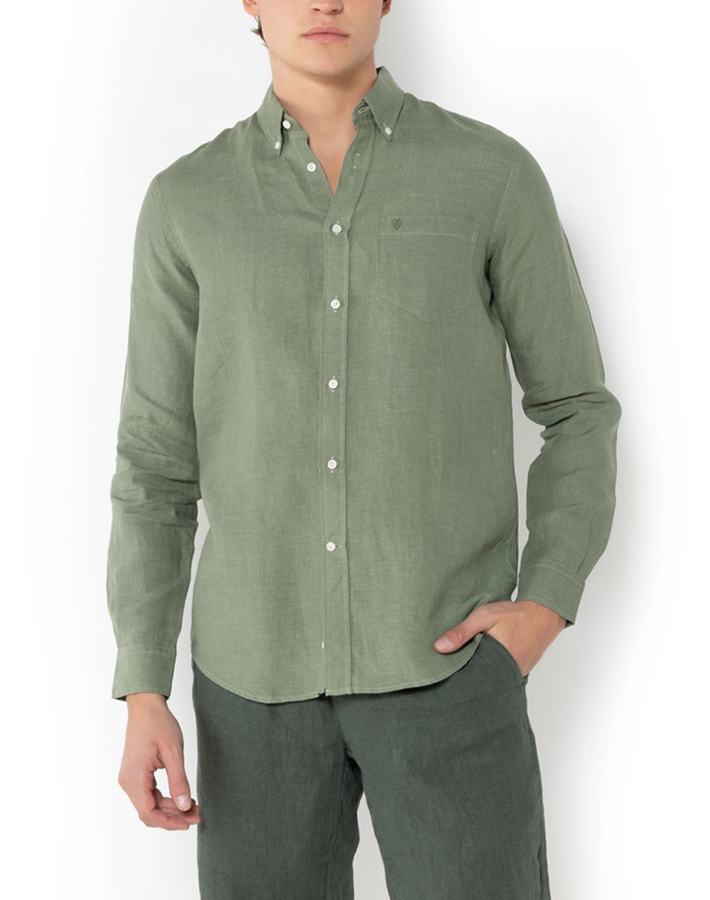 THE BOSTONIANS ΠΟΥΚΑΜΙΣΟ ΛΙΝΟ REGULAR FIT Plain LINEN Button-down Regular Fit 3AAP2412-OLIVE Olive
