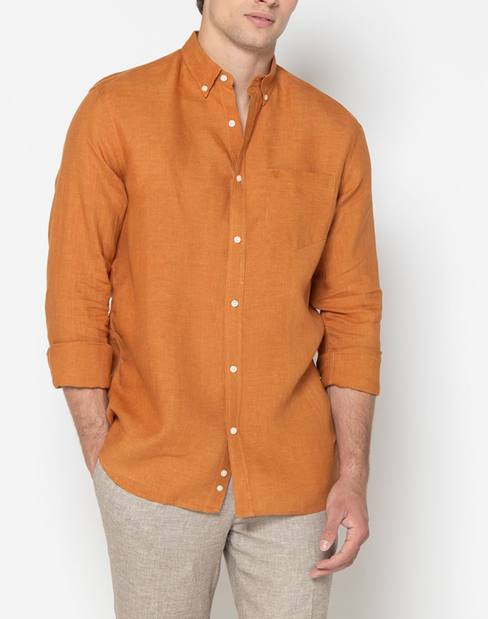 THE BOSTONIANS ΠΟΥΚΑΜΙΣΟ ΛΙΝΟ REGULAR FIT Plain LINEN Button-down Regular Fit 3AAP2412-BRIGHT Orange