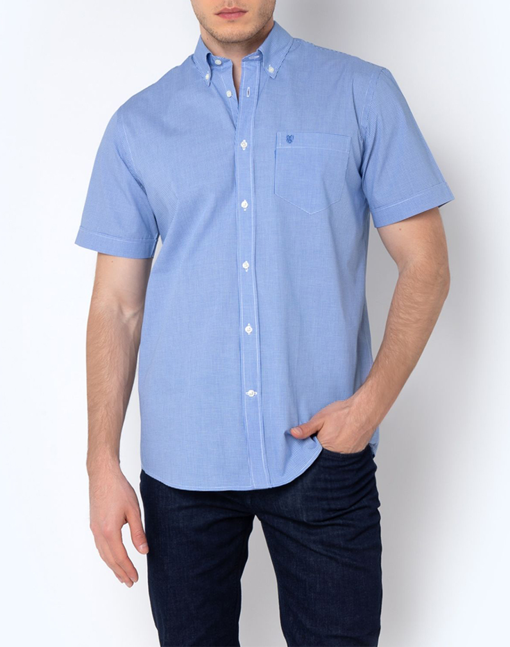 THE BOSTONIANS ΠΟΥΚΑΜΙΣΟ CHESTER ΠΟΠΛΙΝΑ REGULAR FIT MiniCheck POPLIN Button-down Regular Fit 3BAC7021-LIGHT LightBlue