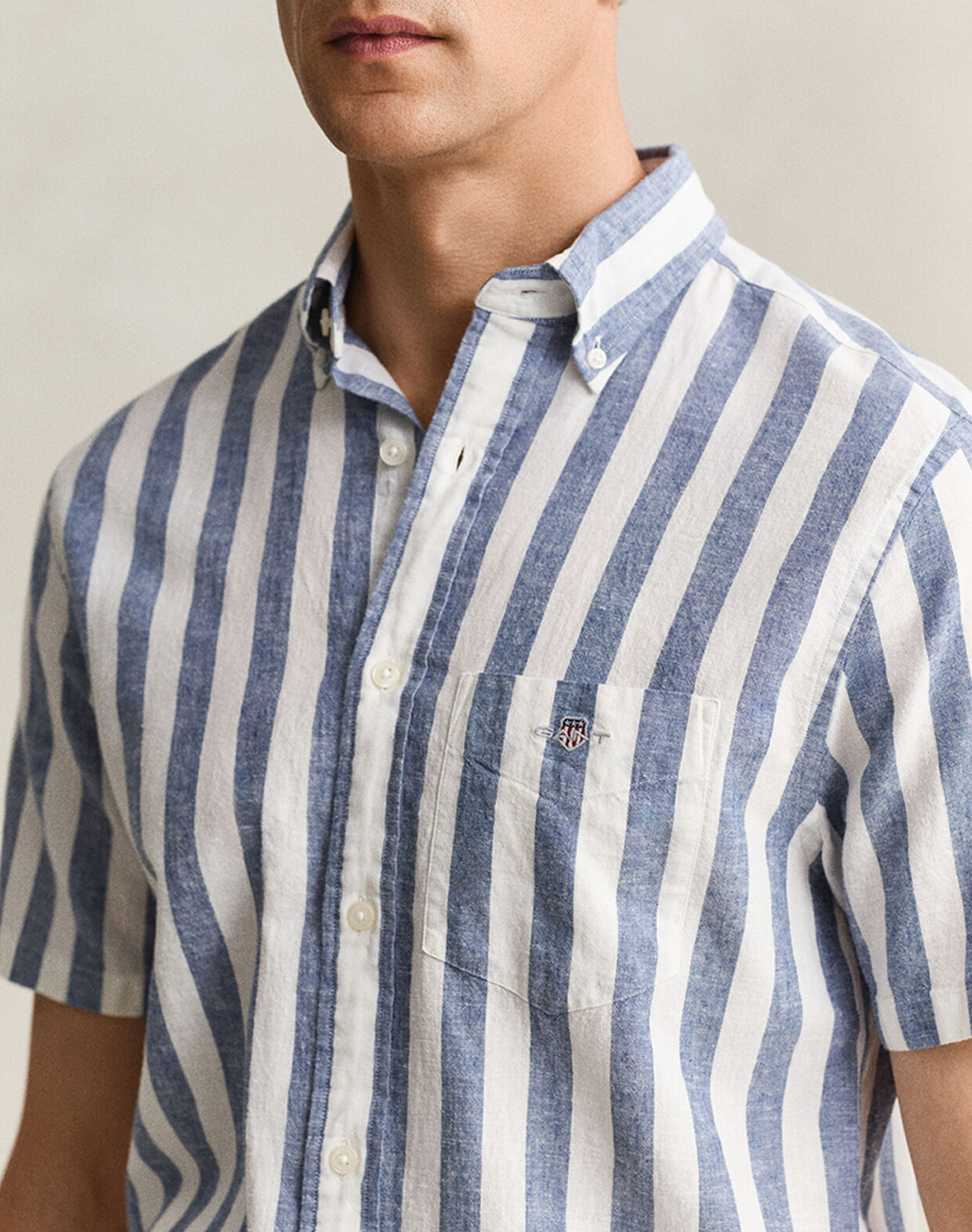 Gant Πουκαμισο Κμ Reg Cotton Linen Stripe Ss Shirt 3G3260020-442 Blue ανδρικά ρούχα πουκάμισα Politikos Shop Πολιτικός