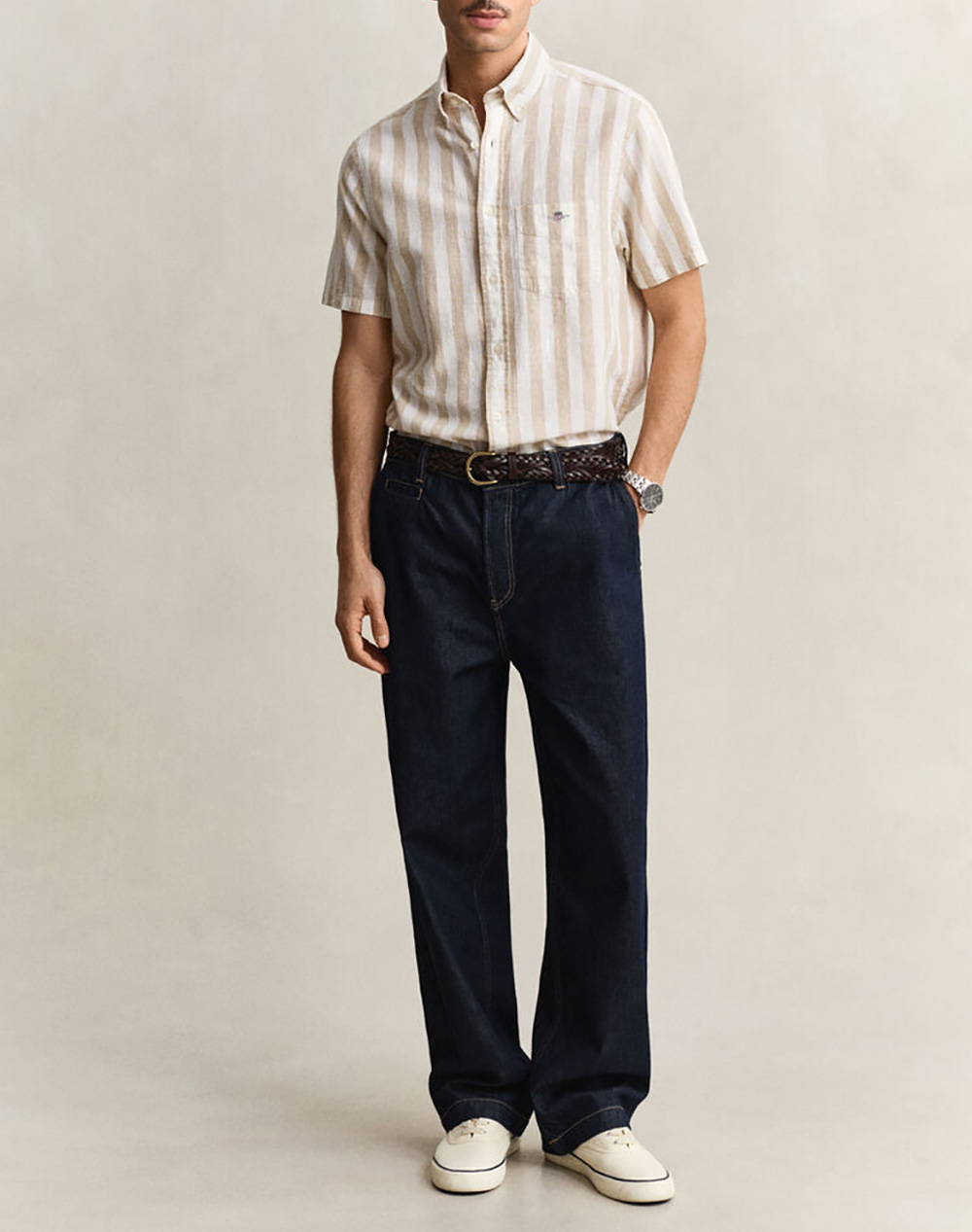 Gant Πουκαμισο Κμ Reg Cotton Linen Stripe Ss Shirt 3G3260020-200 Sandybrown ανδρικά ρούχα πουκάμισα Politikos Shop Πολιτικός