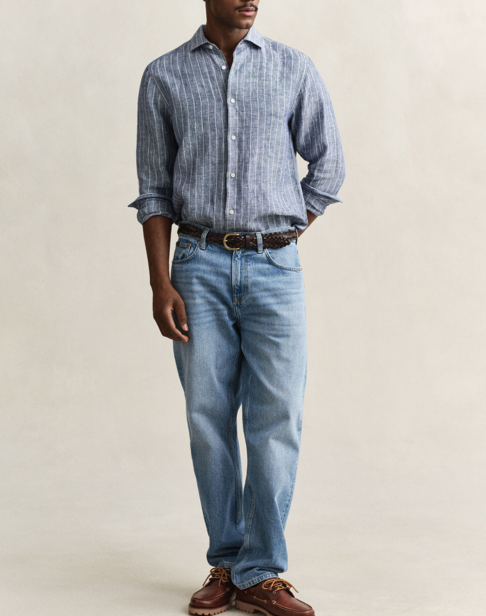 Gant Πουκαμισο Μμ Reg Linen Stripe Shirt 3G3260048-423 Steelblue ανδρικά ρούχα πουκάμισα Politikos Shop Πολιτικός
