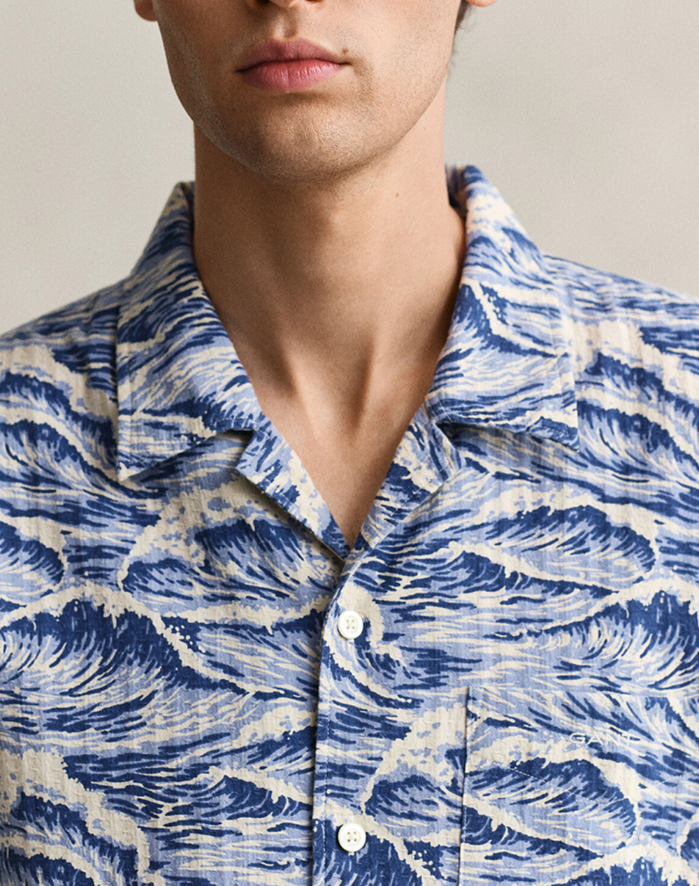Gant Πουκαμισο Κμ Rel Aop Camp Collar Ss Shirt 3G3260040-442 Blue ανδρικά ρούχα πουκάμισα Politikos Shop Πολιτικός