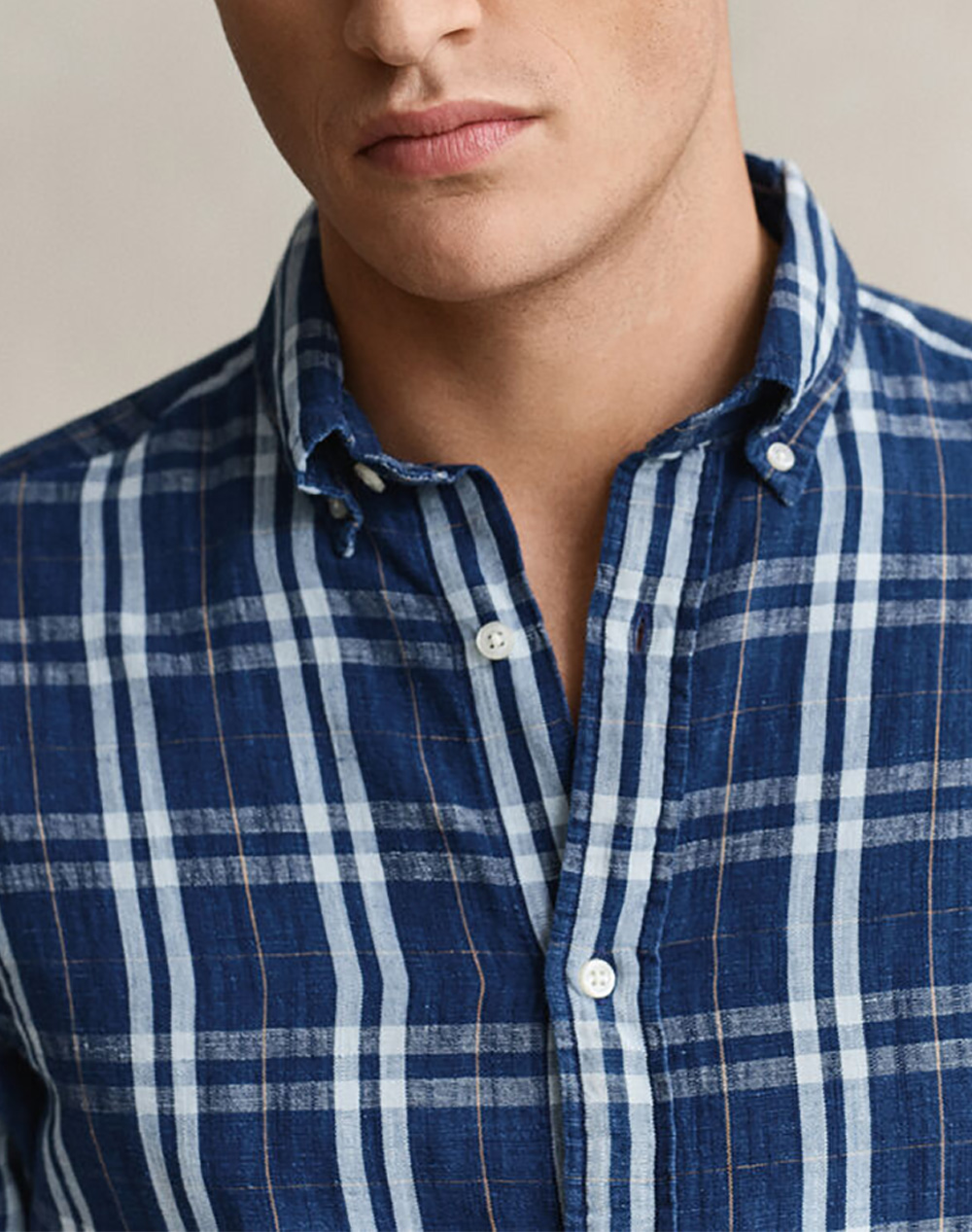 Gant Πουκαμισο Μμ Reg Cotton Linen Indigo Chk Shirt 3G3260079-999 Navyblue ανδρικά ρούχα πουκάμισα Politikos Shop Πολιτικός