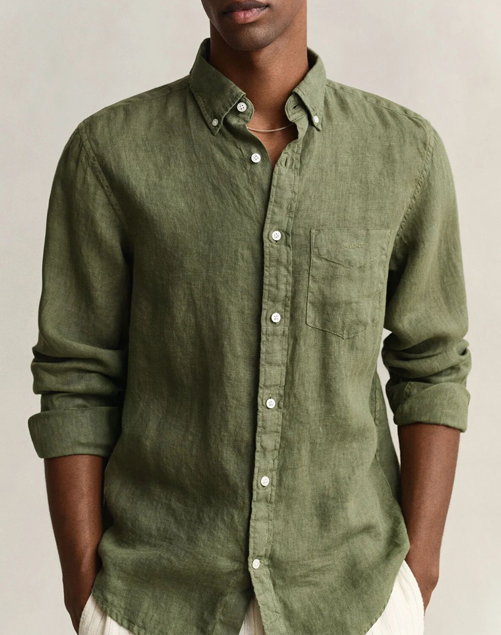 Gant Πουκαμισο Μμ Reg Gmnt Dyed Linen Shirt 3G3240120-379 Darkgreen ανδρικά ρούχα πουκάμισα Politikos Shop Πολιτικός