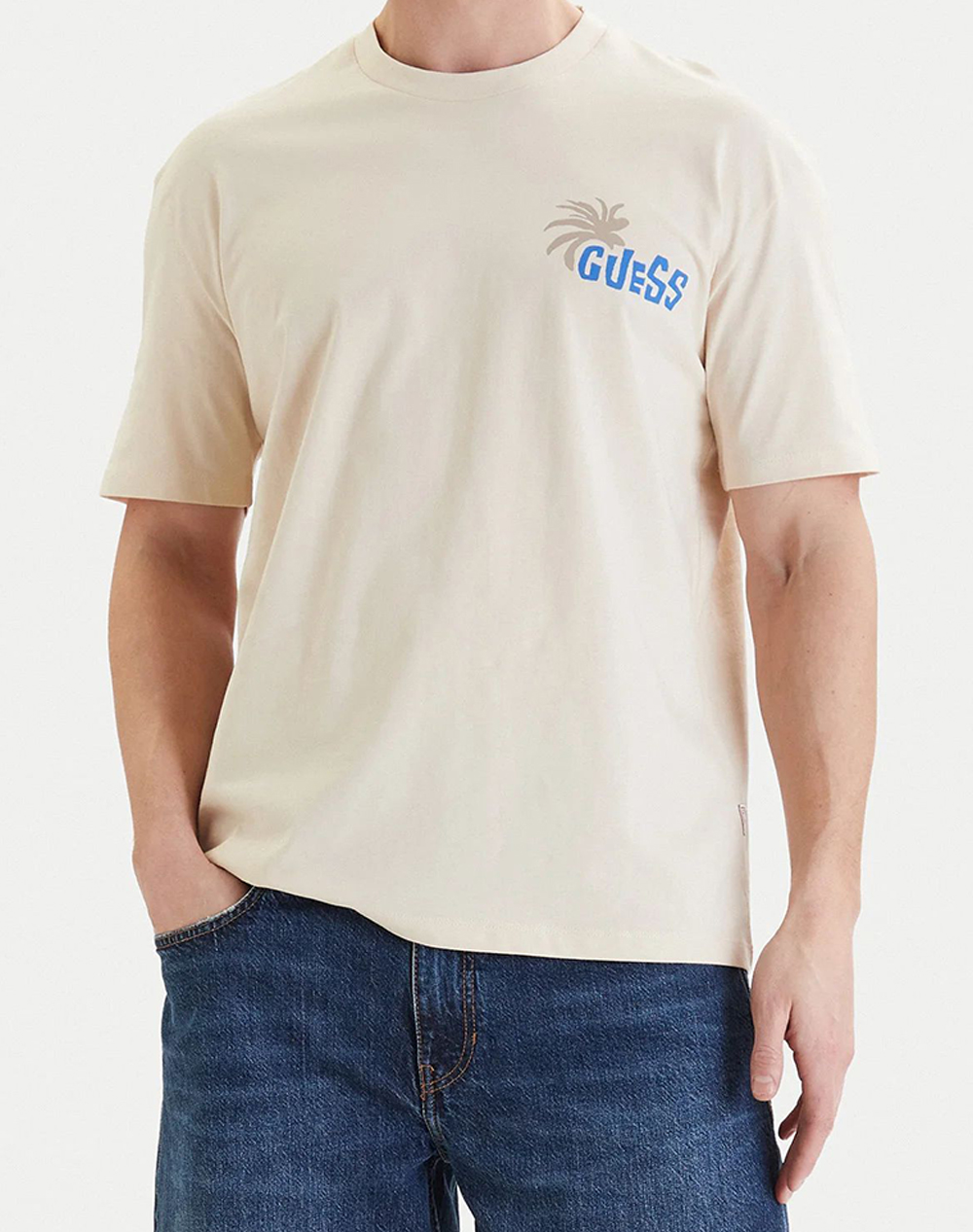 Guess Cn Ss Foliage Print T-Shirt Μπλούζα Ανδρικό F6Gi07K8Fq4-G1E0 Cream ανδρικά ρούχα μπλούζες Politikos Shop Πολιτικός