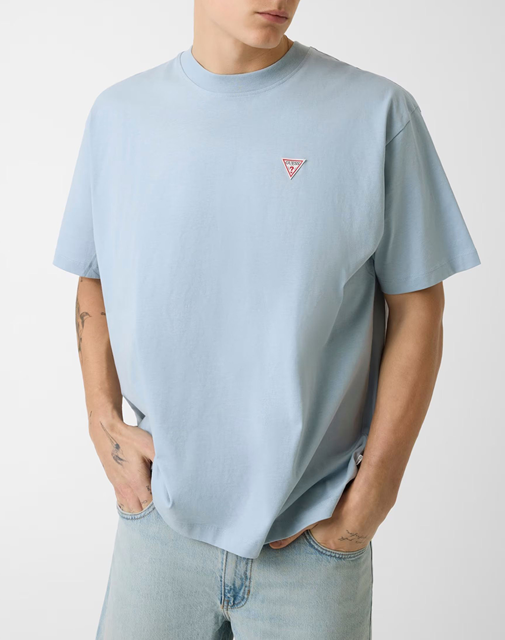 Guess Jeans Ανδρικό T-Shirt Κοντομάνικο Ανοιχτό Μπλε Βιολογικό Βαμβάκι Βαμβάκι