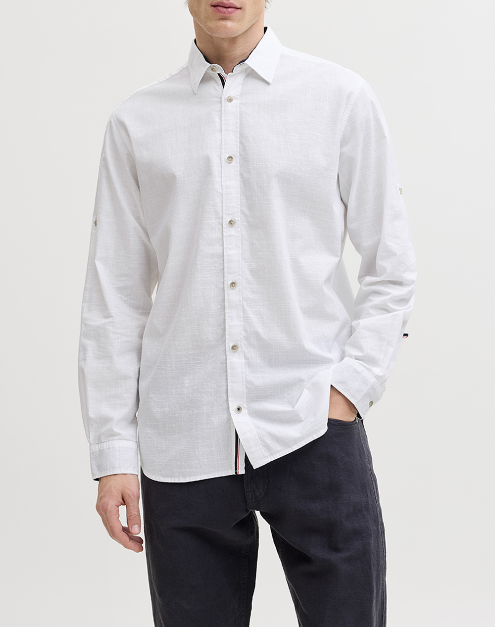 JACK&JONES JJHENRY SLUB DETAIL SHIRT LS 12289197-BRIGHT WHITE White