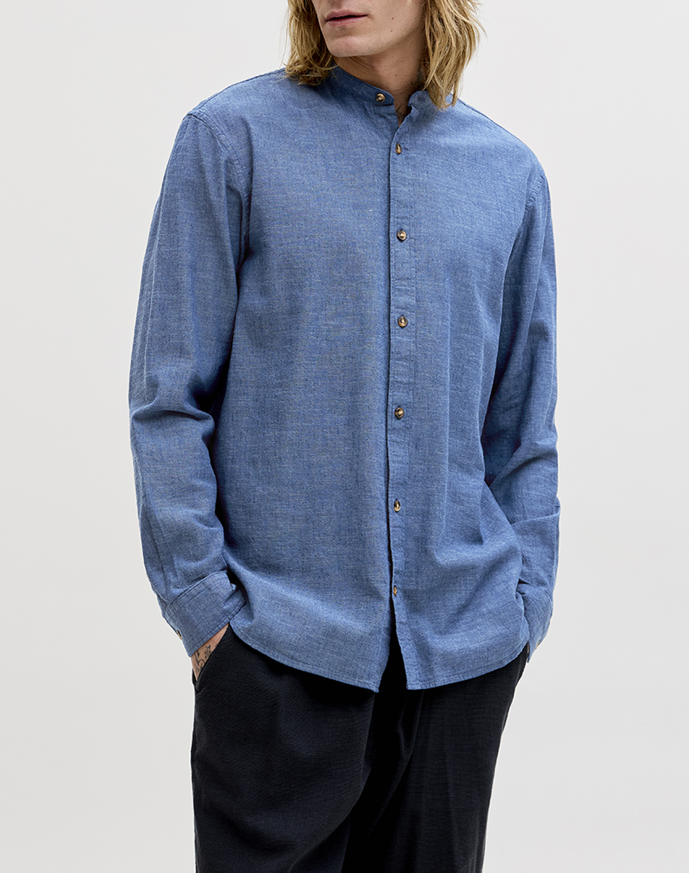 JACK&JONES JJESUMMER LINEN BLEND BAND SHIRT L/S SN 12289184-Navy Blazer DenimBlue