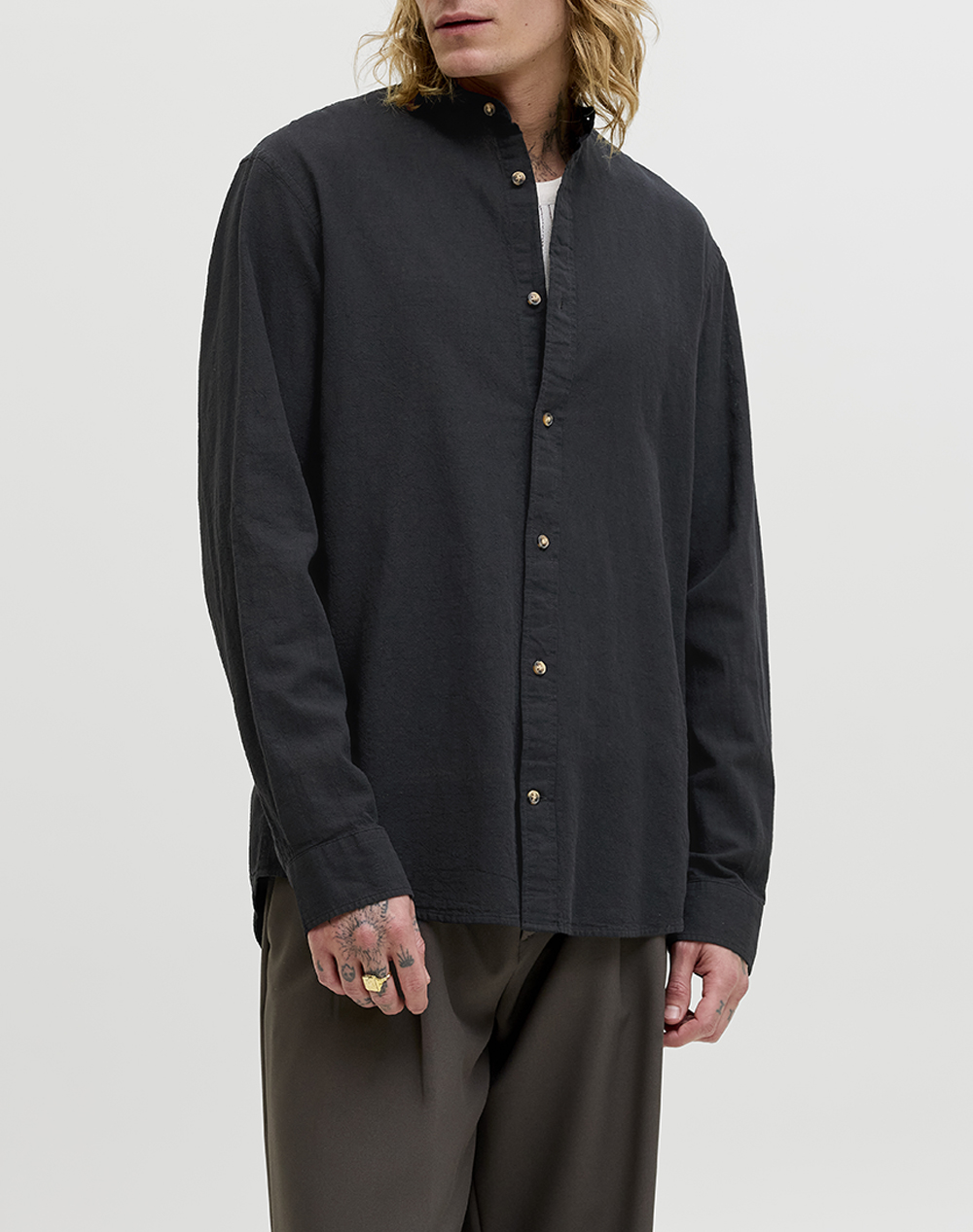 JACK&JONES JJESUMMER LINEN BLEND BAND SHIRT L/S SN 12289184-BLACK JetBlack