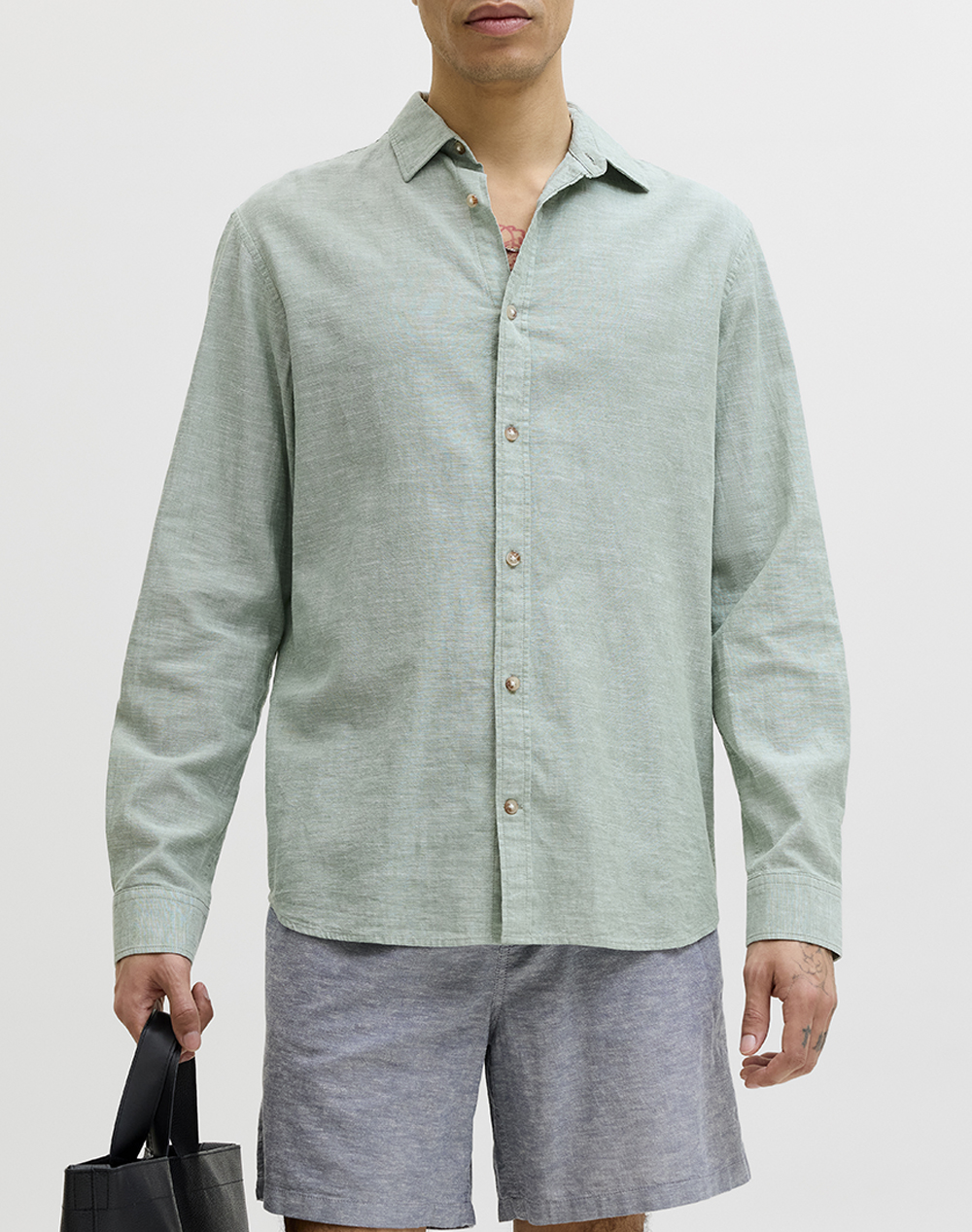 JACK&JONES JJESUMMER LINEN BLEND SHIRT L/S SN 12289174-Granite Green LightGreen