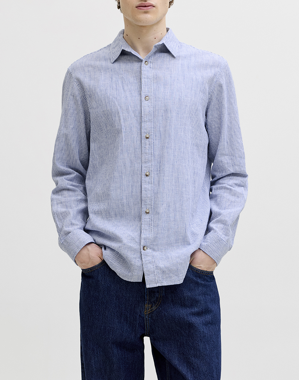 JACK&JONES JJESUMMER LINEN BLEND SHIRT L/S SN 12289174-InfinitySTRIPES SkyBlue