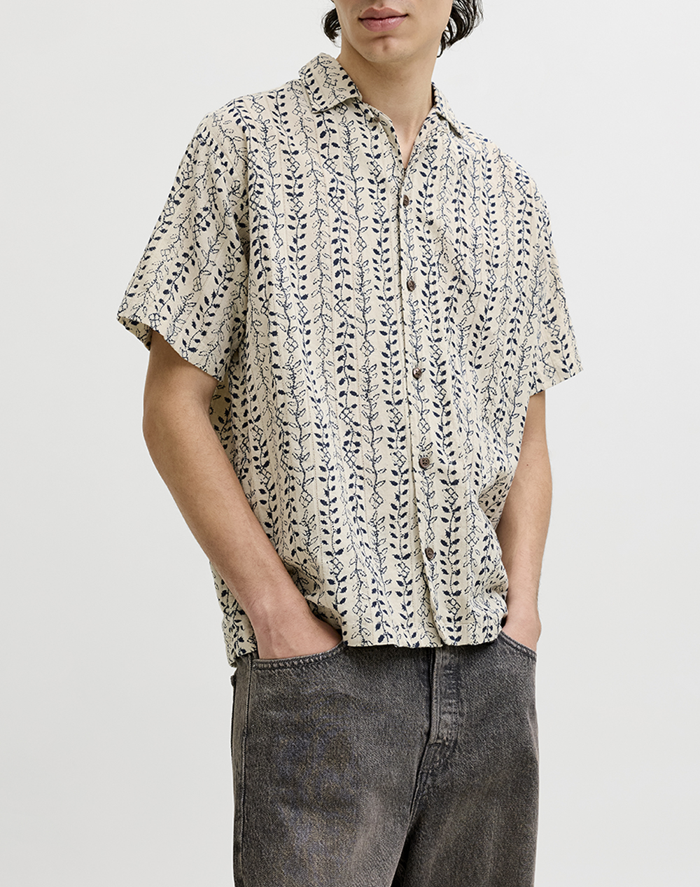 Jack&Jones Ανδρικό Πουκάμισο Κοντομάνικο Εκρου Βαμβάκι