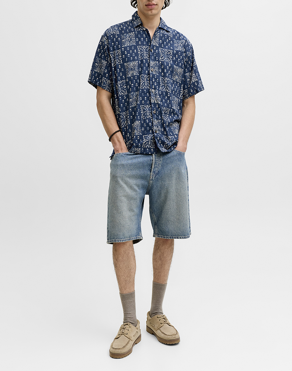 Jack Jones Jprblulyon Print Dobby S Shirt Sn 12291968-Sky Captainaop:realxfit Navyblue ανδρικά ρούχα πουκάμισα Politikos Shop Πολιτικός