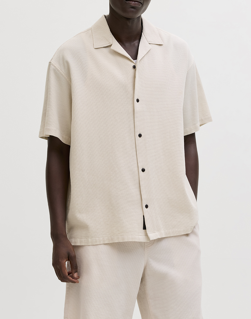 JACK&JONES JJGLOBAL WAFFLE RESORT SHIRT SS 12295551-Moonbeam Cream